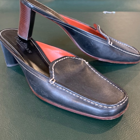 Cole Haan Square Toe Black Leather Loafer Mules w Wooden Stacked Low Heel Size 8 - Picture 14 of 16